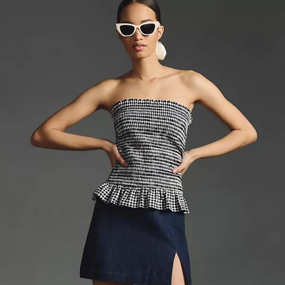 Anthropologie Smocked Strapless Gingham Tube Top + Ruffle Hem, Strapless - Picture 2 of 6